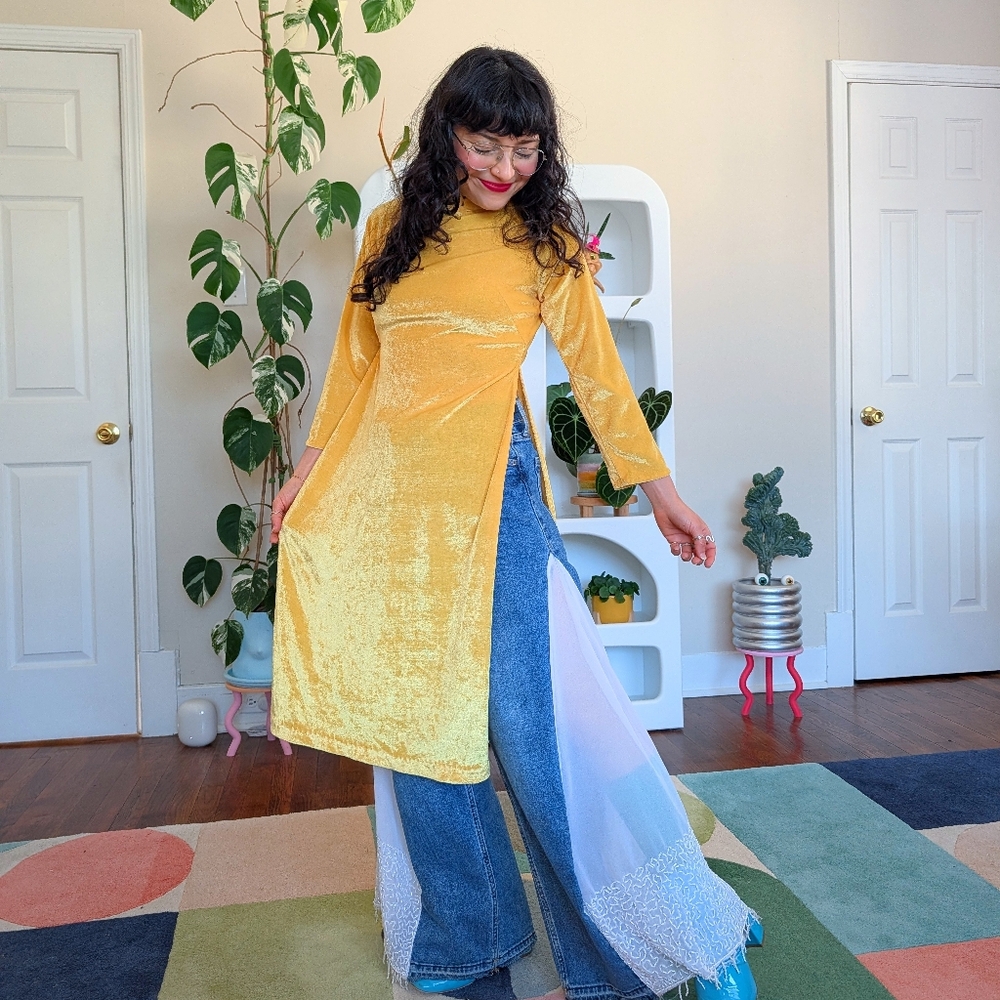 Yellow Velvet Vietnamese Long Sleeve Dress